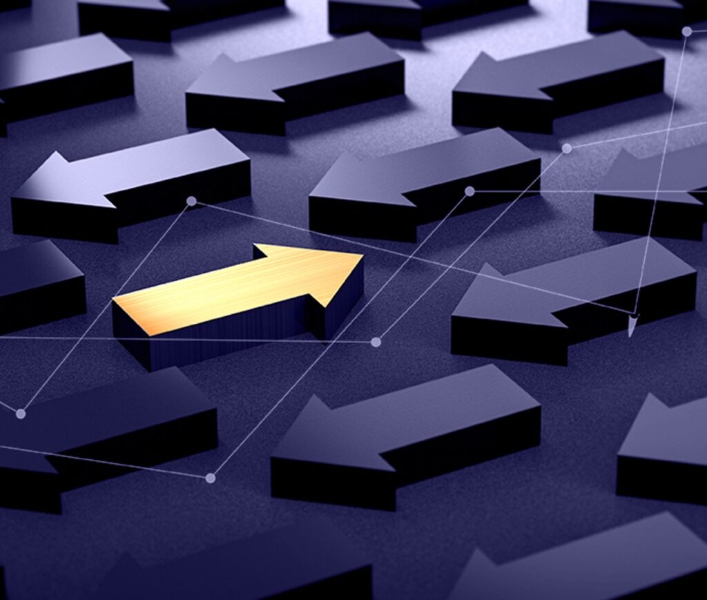 yellow arrow pointing against many dark arrows