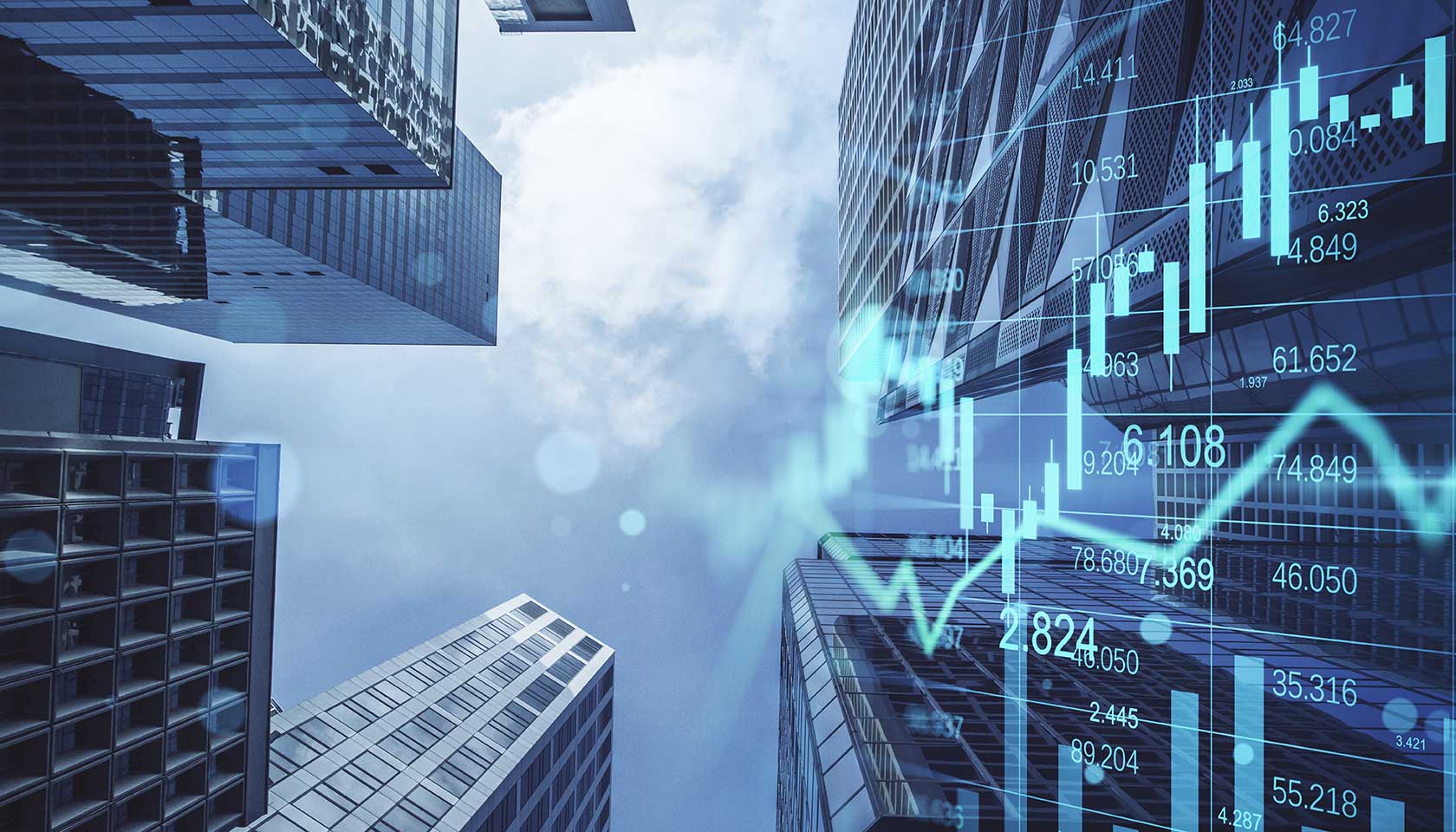 skyscrapers with charts overlayed